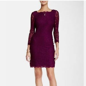 Adrianna Papell Women's 3/4 Sleeve Lace Dress, Mulberry, 6